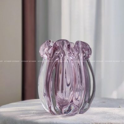 唯美浅粉水红色矮墩墩胖胖纯手工水晶玻璃花瓶水养插花器家居摆件