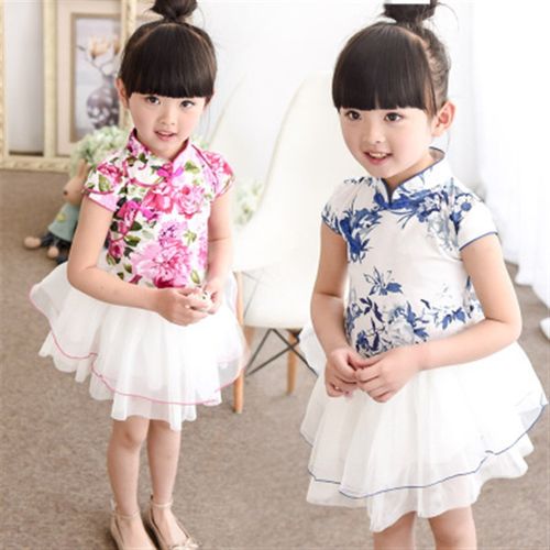 新款碎花儿童旗袍蓬蓬连衣裙 古装女童礼服 小女孩演出表演服夏季