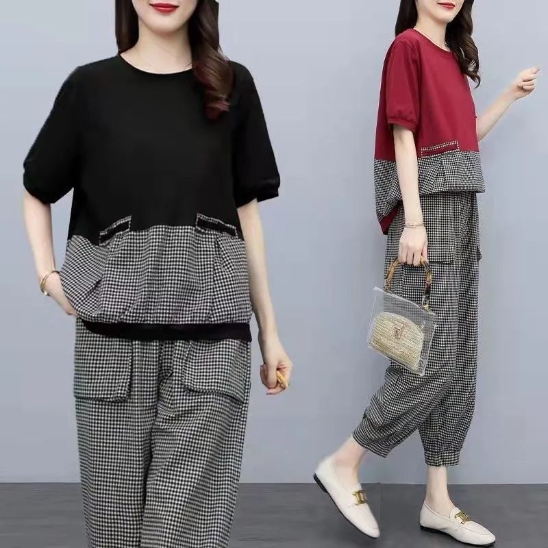 棉麻格子女装套装2025夏季薄款裤子哈伦裤大码圆领上衣显瘦两件套,女装/女士精品,时尚套装,淘宝优惠券,粉丝福利购,淘宝优惠卷