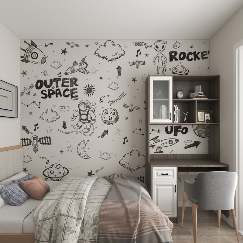 儿童房间墙d布黑白简约壁画墙壁贴纸男孩主题壁布涂鸦墙纸太空壁