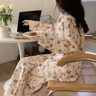 碎花复古风d睡衣女款春秋季空气夹层棉高级感长袖套装可外穿家居