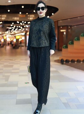高档中年妈妈两件套秋冬新款高领大码套头上衣搭配哈伦裤时尚套装