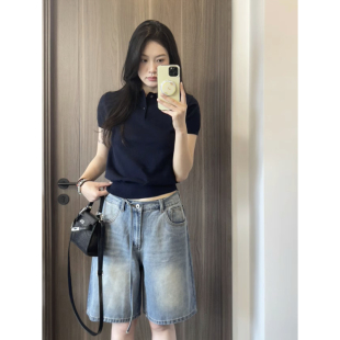高腰显瘦五分直筒中裤 浅蓝色宽松阔腿牛仔短裤 韩版 新款 女2025夏季