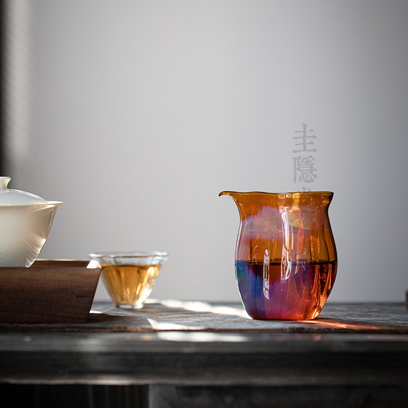 圭隐堂纯手工h吹制熏银公道杯耐热玻璃家用公杯泡茶杯匀茶杯茶海