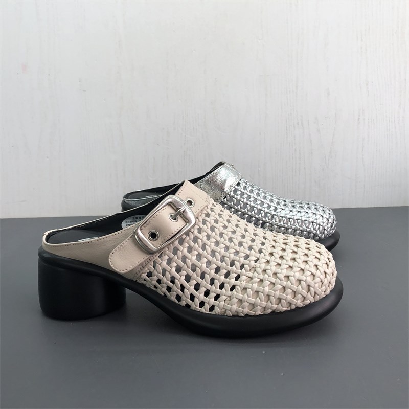 工厂新款断码真皮女鞋夏t季韩版时尚舒适包头粗跟编织牛皮女拖鞋