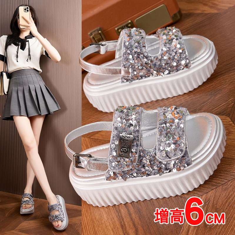亮片厚底凉鞋女魔术m贴松糕轻便舒适2025夏季新款增高气质沙滩鞋
