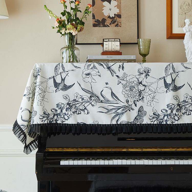 在蓬莱燕衔春黑白色印花燕子立式钢琴罩半罩全罩电子琴防尘盖布