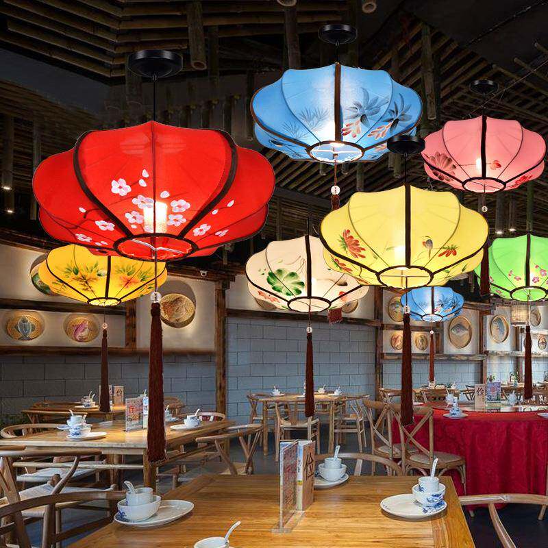 BJH灯笼布艺手绘吊灯中国风中国画饭店室内灯创意现代仿式古飞碟