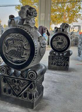 石雕门一对石抱fjty6864鼓青石仿古貔貅麒麟狮子象庭院门口门家用