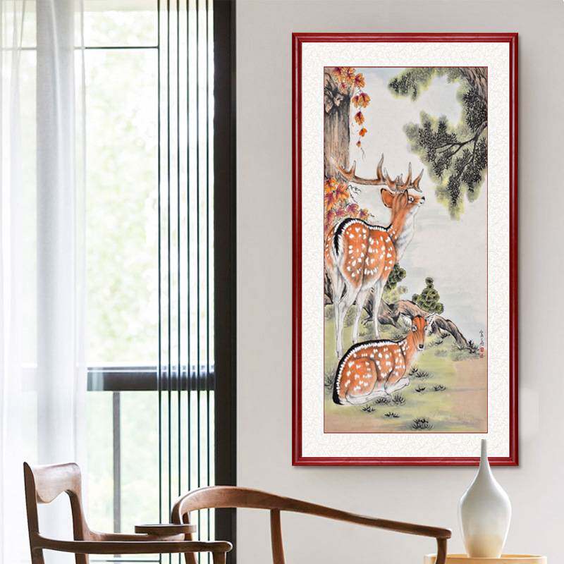 福禄双全中式玄关装饰画竖版走廊过道壁画梅花鹿国画双鹿图挂画