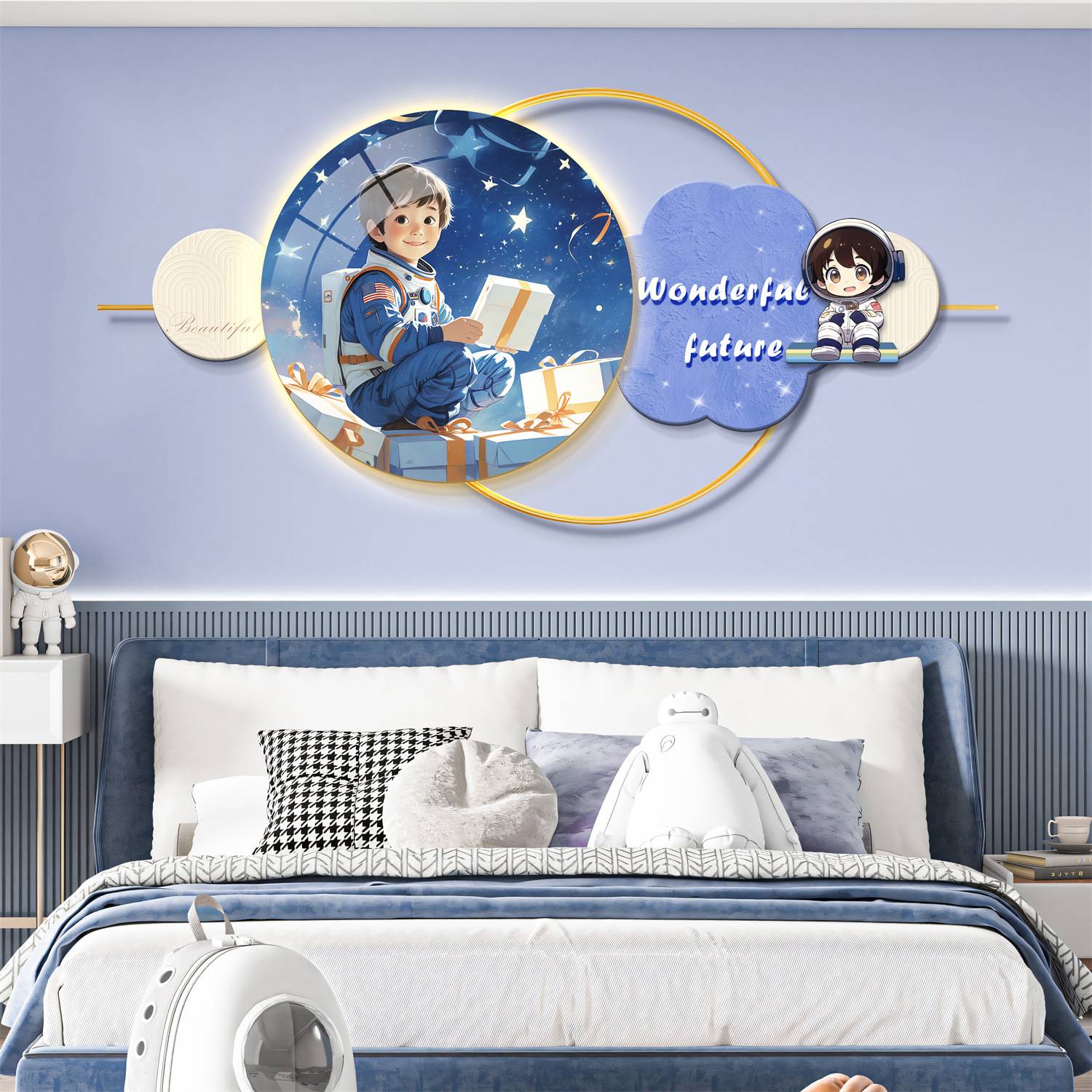 奶油风儿童房卧室装饰画男孩女孩房间床头挂画壁画灯画led灯创意