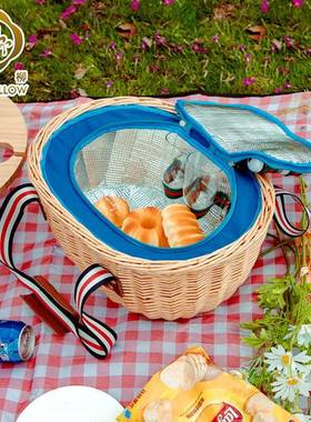 跨境柳编野18124餐篮带防尘田园盖藤编野餐露箱网红餐手提户外营