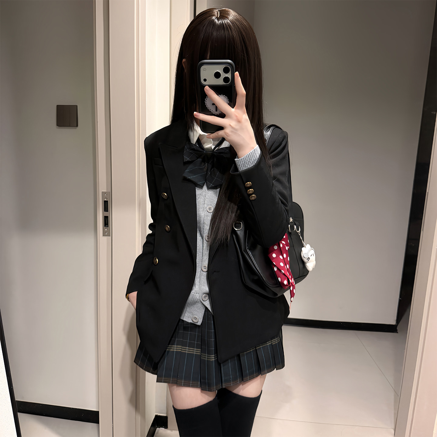 日系学院风JK制服黑色西装外套收腰显瘦套装开衫衬衫格裙套装女秋