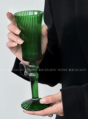 Qumin 法式中古条纹高脚杯森绿色高级甜酒杯香槟杯子红酒葡萄酒杯