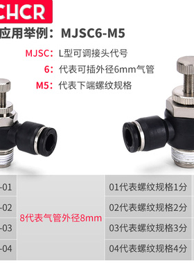 气缸调速接头 L型节流阀/调节阀气缸接头 MJSC 4-M5/12-04节流阀