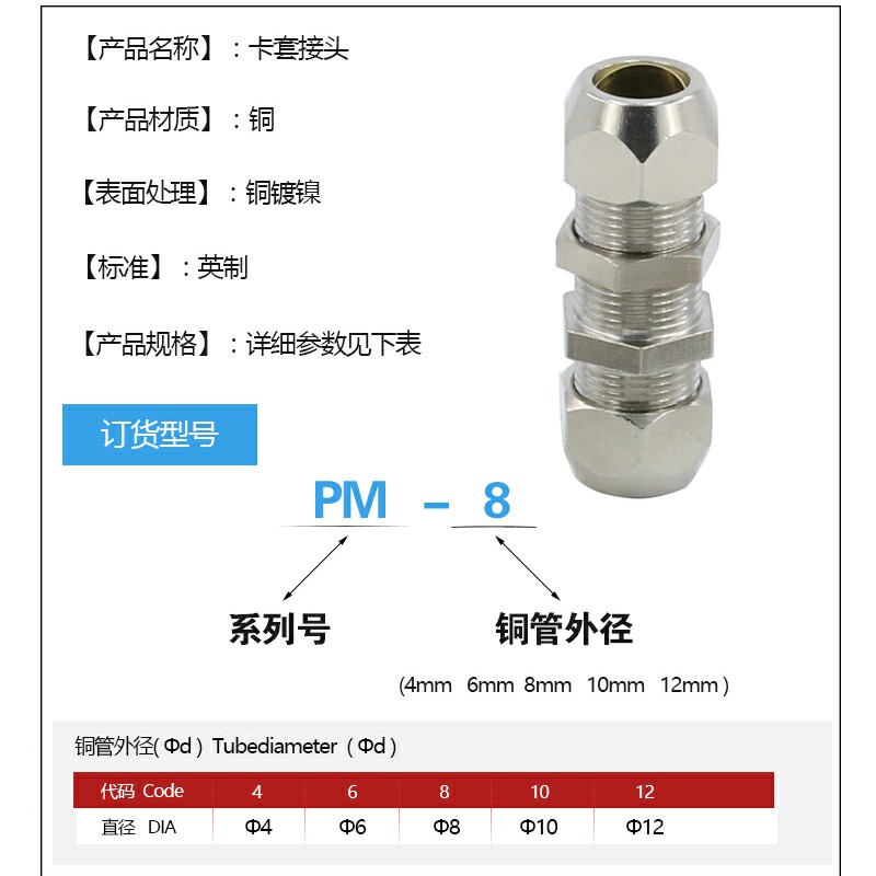 卡套隔板直通8mm过板双头10mm铜管铝管钢管12mm中间转换穿板接头图片
