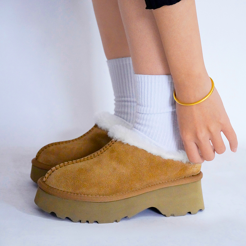 【厚底人鱼拖】一脚蹬增高时尚桑坡羊毛一体雪地靴