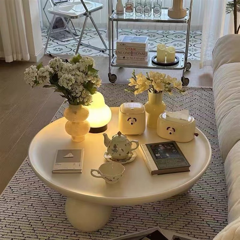 圆形奶油风茶几客厅北欧创意茶桌简约现代小K户型2025家用沙发圆