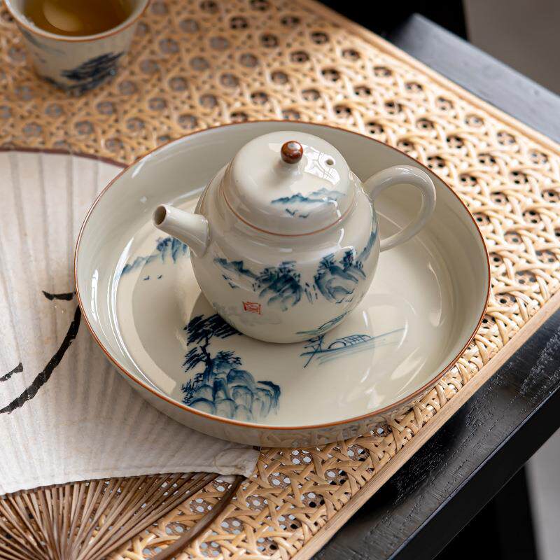 手绘山水承壶草木灰配盖碗底托51071果茶盘家用功夫茶具道件陶瓷
