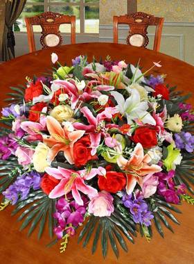 店餐桌花摆F96HH876花餐桌装饰品摆桌件圆形花假花饭大圆酒桌转盘