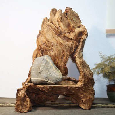 天然风化实木原木根雕摆石头茶壶A底座 壶呈 佛柜龛禅意 客厅摆件