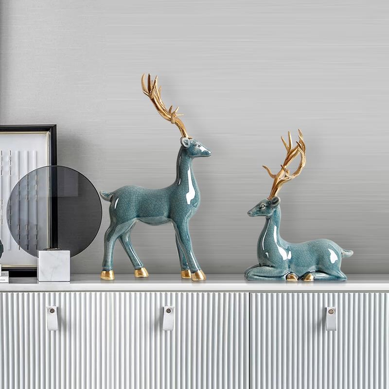 鹿摆件现代轻奢高档陶瓷客v厅电视柜欧式酒柜玄关家居创意软装饰
