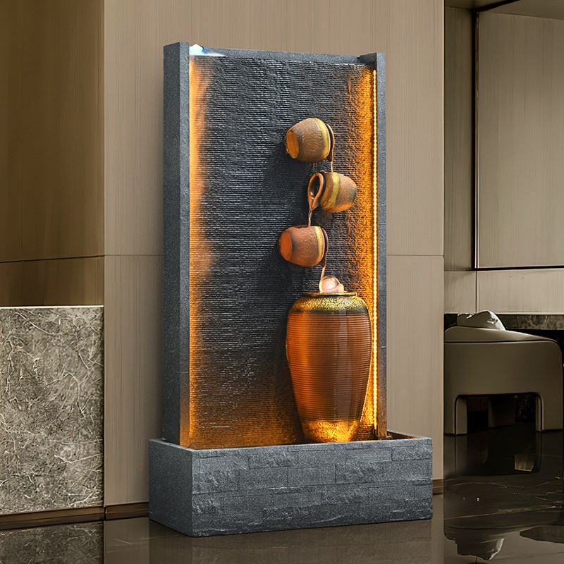 简约水幕墙流水屏风摆件招财鱼池B假山造景公司庭院循环水落地装