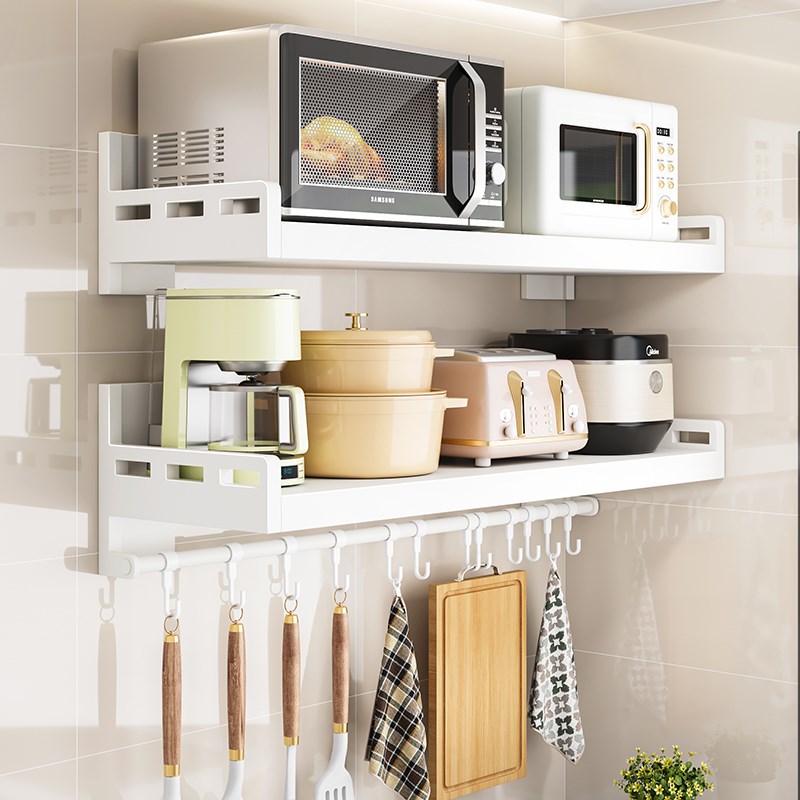 厨房微波炉置物h架壁挂式免打孔悬空架子墙上多功能调味料收纳神