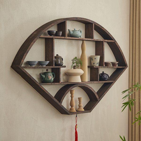 扇形实木壁挂式博古架新中式多宝阁挂墙简约茶壶架子古董架置物架