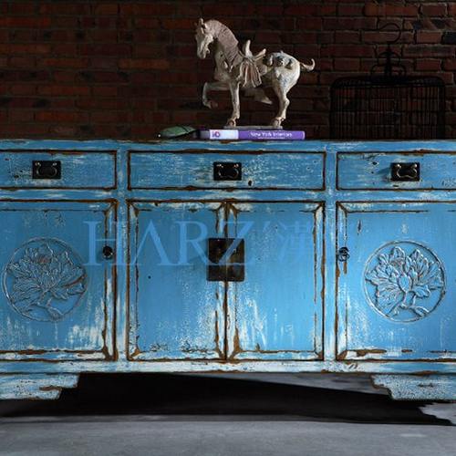 中式彩漆做旧餐边柜实木雕花储物柜门厅玄关柜装饰柜茶柜实木餐柜