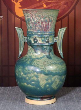 钧瓷花瓶李朝斐柴烧炉钧釉中式陶瓷办公室摆件高档青铜绿色华夏尊