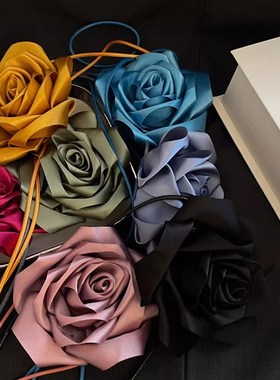 盛开的缎面玫瑰系带颈部项链腰链胸花塑身腰带身体链造型感配饰女