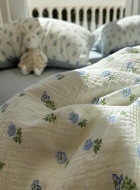 母婴级超柔软皱i皱双层纱蓝色小碎花四件套1.5m1.8米全棉被套床单