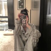 女款 o夏款 2024新款 纯棉睡衣女春秋款 秋冬条纹长袖 宽松外穿家居服