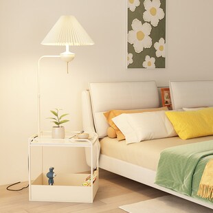 卧室落地灯客厅沙发边几光奶油风C氛围感复古置物架床头柜一体台