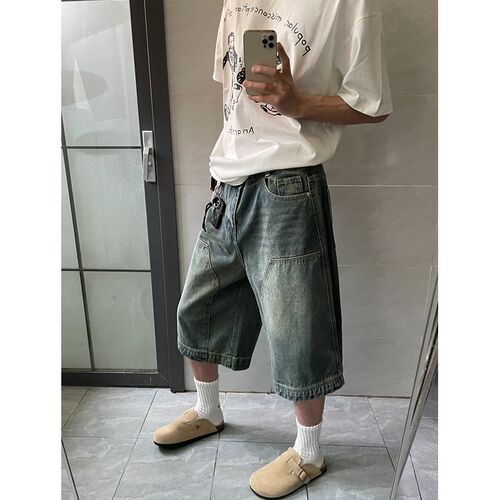 美式复古街头水洗伐木七分牛仔短裤男女宽松休闲做旧过膝阔腿裤子
