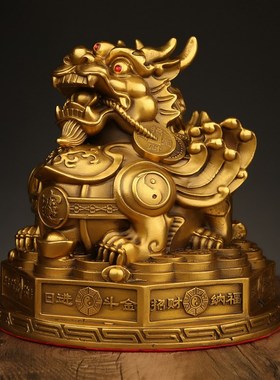 纯黄铜八方纳财貔貅招财铜摆件一对全铜皮丘客厅聚财貔.恘玄关开