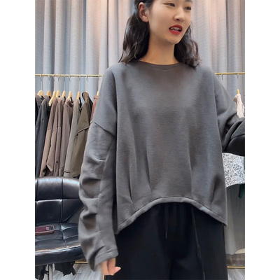 卫衣女秋季新款设计感褶皱韩系宽松遮肚子显瘦不规则圆领减龄上衣