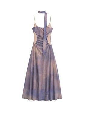 棉洋 复古气质晕染拼接收腰吊带连衣裙 围脖飘带韵味紫色网纱长裙