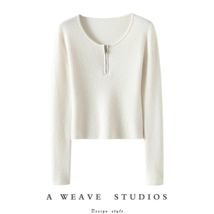 成就感好货!拉链大圆领羊绒衫女修身纯羊绒毛衣针织打底衫秋冬