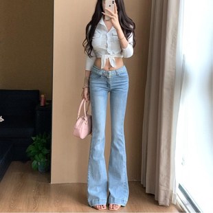 弹力显瘦裤 李李服饰低腰紧身腰带微喇牛仔裤 修身 新款 子 女2025春季