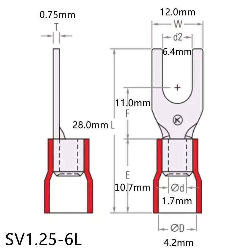 SV1.25-6L紫铜UT端子 M3冷压裸端头PVC预绝缘叉形裸端Y型接线端子