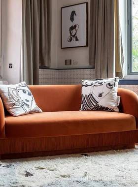 单人两人三人位沙发姜黄色流苏单椅天鹅绒蒲团沙发椅中古沙发家具