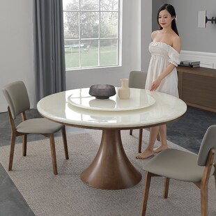 高级感轻奢天然大理石白冰花玉石餐桌带转盘8人家U用实木圆形饭桌