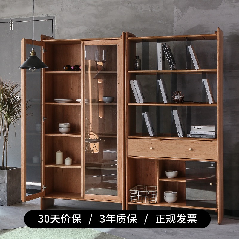 山丘书柜 致f家家居 新中式满墙实木书柜带门玻璃门书橱组合柜子