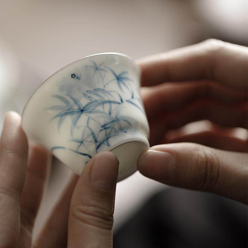 刻手工手绘青花盖碗束夫茶具品手工薄胎包功银GW边茶杯茗杯