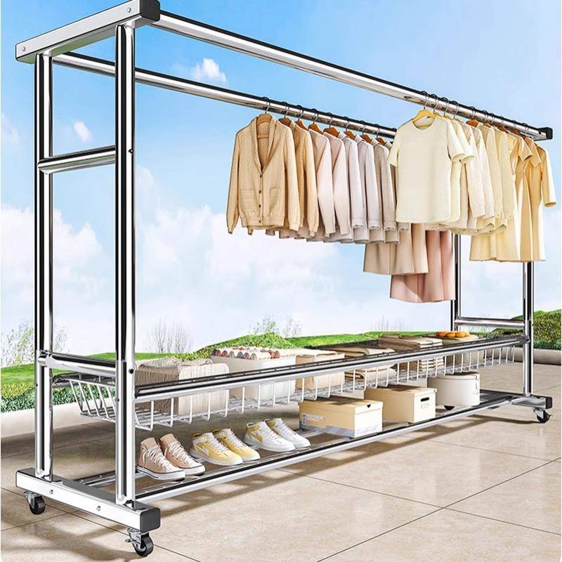 供应不锈钢晾衣架家用落地折叠凉衣杆可移动阳台双杆挂衣架