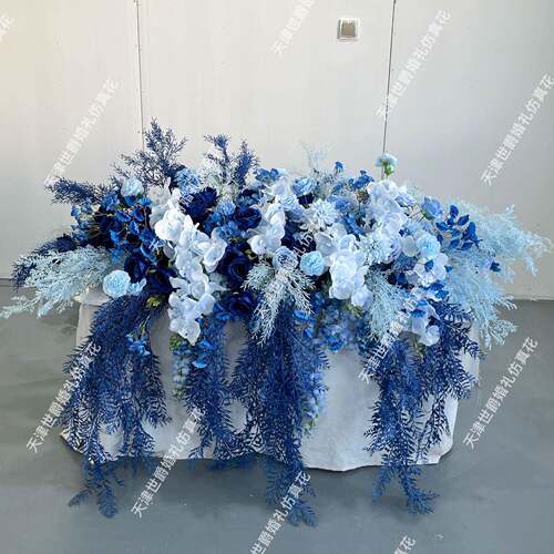 新款外贸婚礼摆置假花餐厅T台拖尾布置150*80cm蓝色系路引