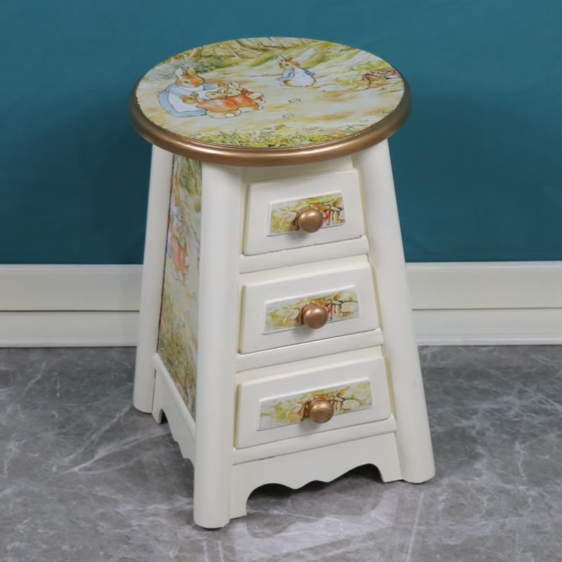 9C简约现代卧室梳妆凳子时尚创意实木小圆凳成人家用储物收纳三抽