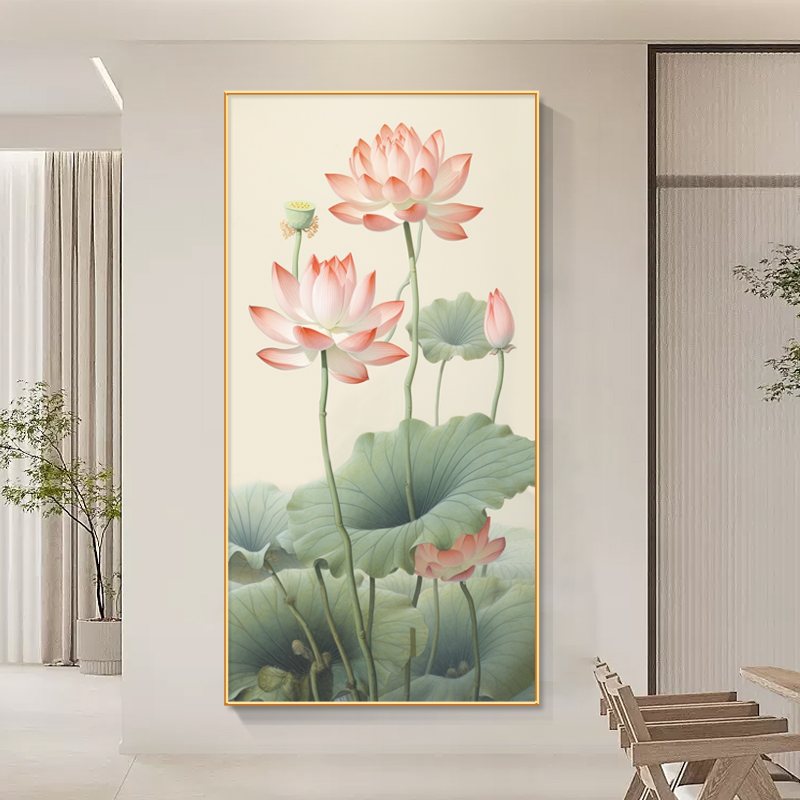 新中式荷花图玄关挂画和气生财